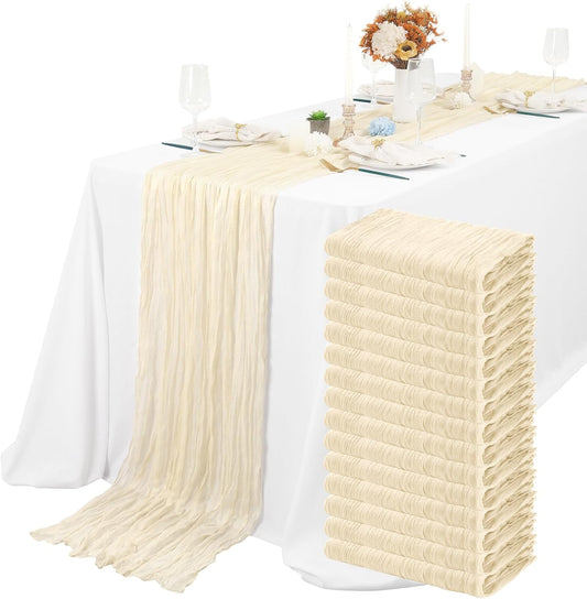 15 Packs Cheesecloth Table Runner Ivory,10 Ft Light Beige Rustic Gauze Boho Wedding Table Runner Decoration,Wedding Table Decor Table Cloth for Wedding Party Bridal Shower Table,21.5x120in