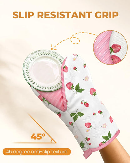 Slohif Cute Strawberry Mini Oven Mitts Set – Pink Extended Short Heat Resistant Kitchen Gloves for Women, 100% Cotton Oven Mitts with Silicone Grips, Non-Slip and Thick Durable for Cooking & Baking