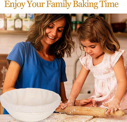 Banneton Bread Proofing Basket - Rattan Proofing Baskets for Sourdough Bread | Banneton Baskets Bowls with Linen Liners for Artisan Homemade Bread Baking (9 inch Basket Set of 2 with Baking Supplies)