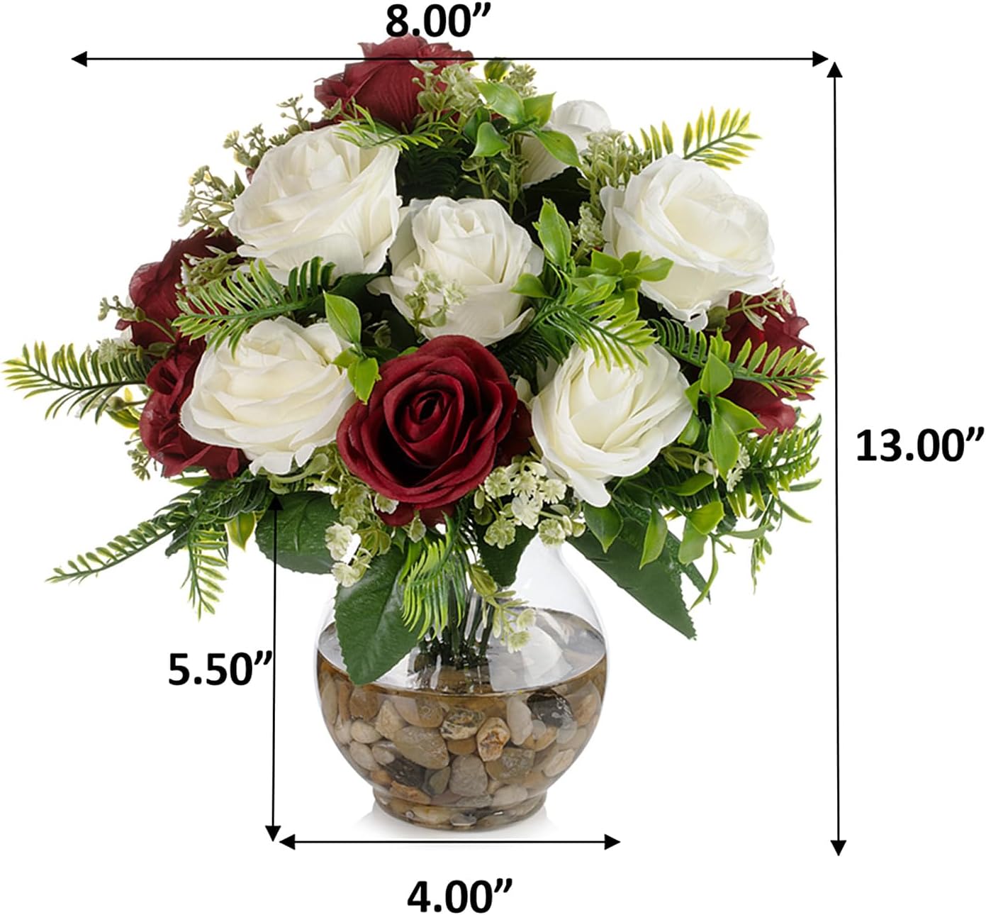 ENOVA FLORAL 18 Heads Silk Rose Artificial Flowers in Vase,Faux Rose Flowers Arrangement in Round Bowl Vase with Faux Water and River Rock for Table Decor Centerpieces (Burgundy Cream)