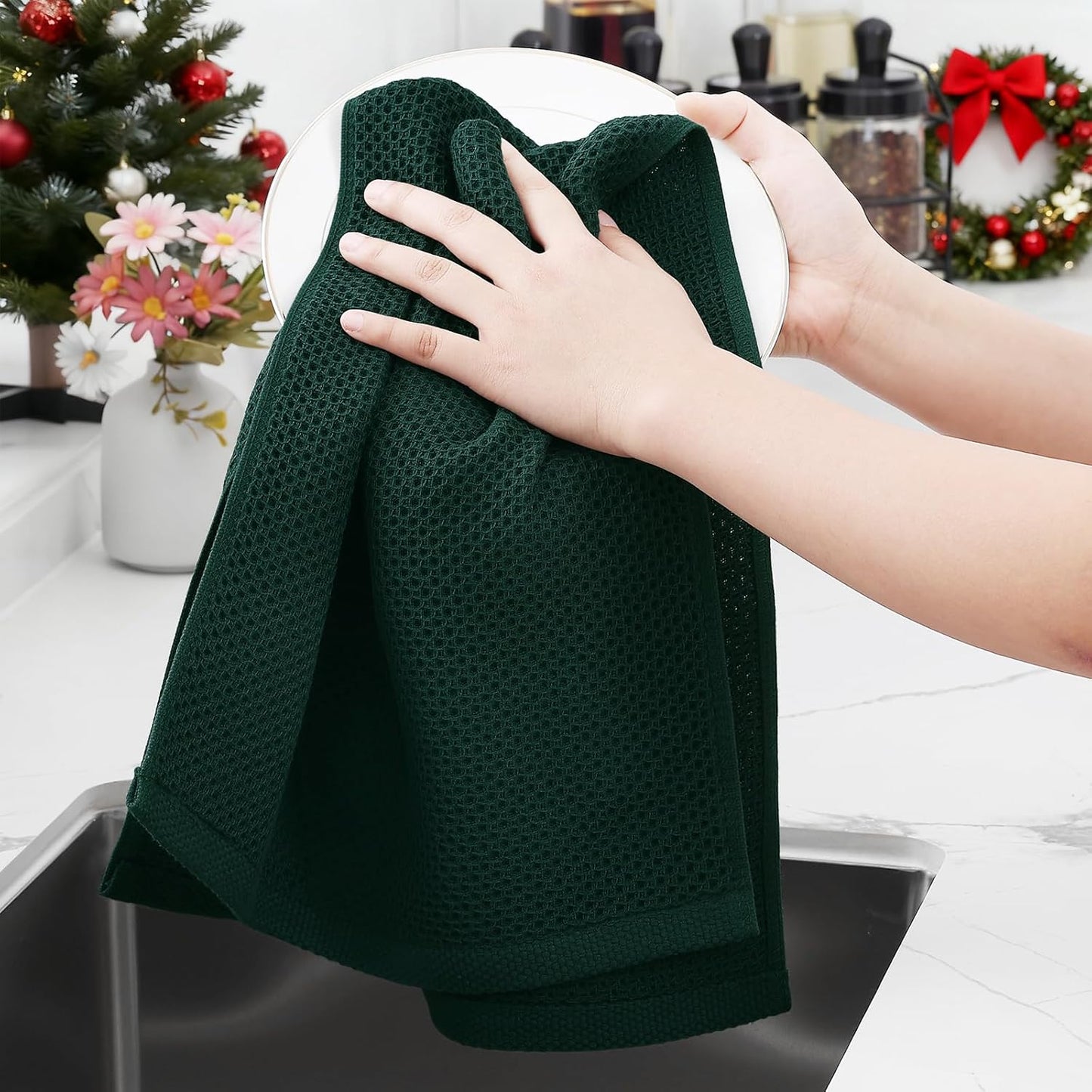 Homaxy 100% Cotton Waffle Weave Kitchen Dish Towels, Ultra Soft Absorbent Quick Drying Cleaning Towel, 13 x 28 Inches, 6-Pack, Blackish Green