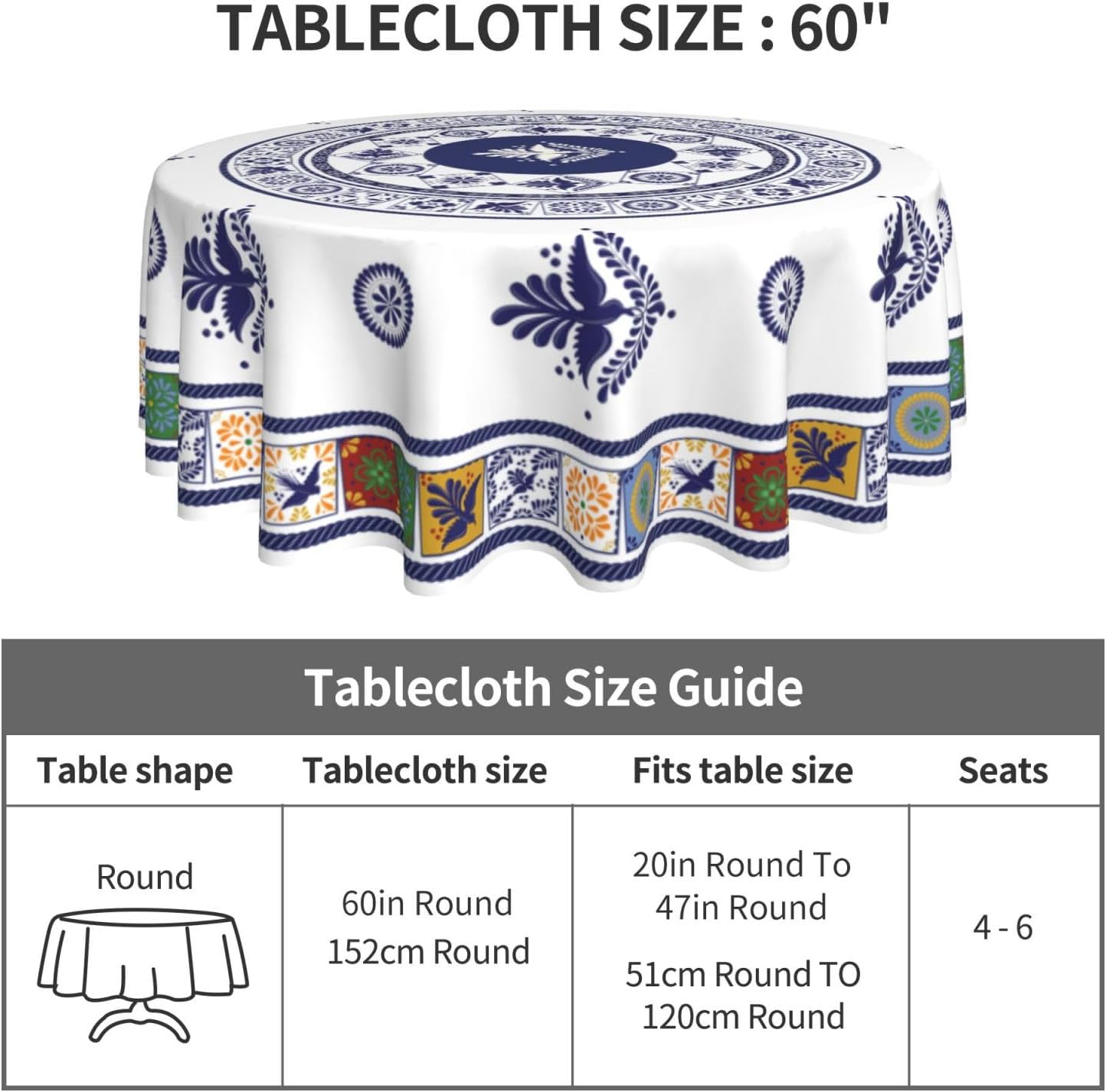 Mexican Round Tablecloth, Floral Bird Talavera Ceramic Tile Dia De Los Muertos Azulejo Mosaic Water Resisitant Table Cover for Dining Kitchen Living Room Home Party Holiday Decor 60 inch Round