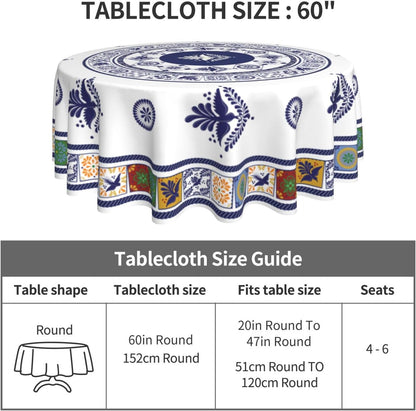 Mexican Round Tablecloth, Floral Bird Talavera Ceramic Tile Dia De Los Muertos Azulejo Mosaic Water Resisitant Table Cover for Dining Kitchen Living Room Home Party Holiday Decor 60 inch Round
