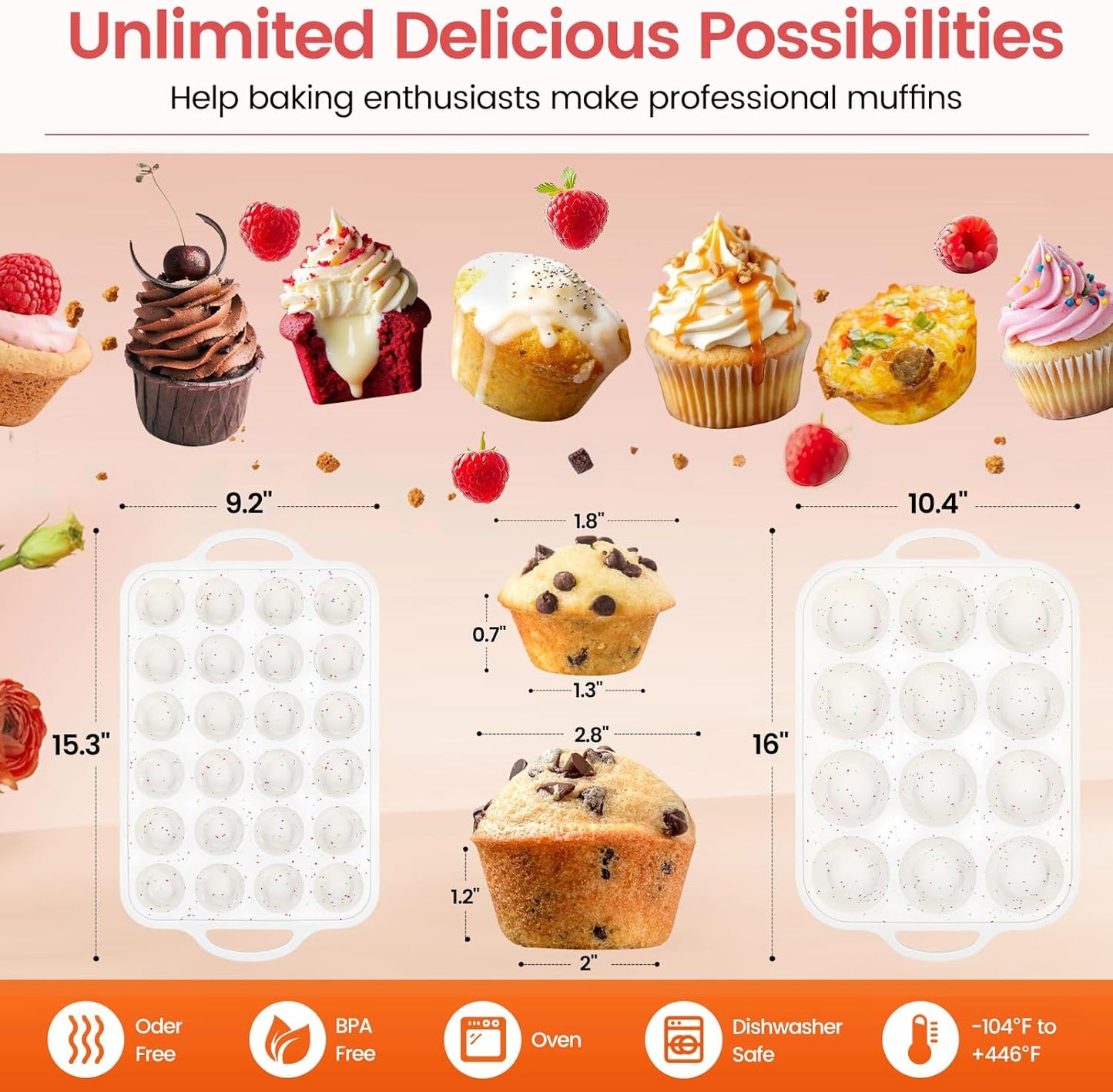 Silicone Muffin Pan with Metal Reinforced Frame - 12 Cups Muffin Pan With 24 Cups for Homemade Muffins, Cupcakes, Oven and Dishwasher Safe - Set of 2, Rainbow Dots