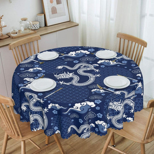 Japanese Tablecloth Round, Blue Traditional Zodiac Dragon Vintage Asian Style Oriental Water Resisitant Table Cover for Dining Kitchen Living Room Home Party Holiday Decor 60 inch Round