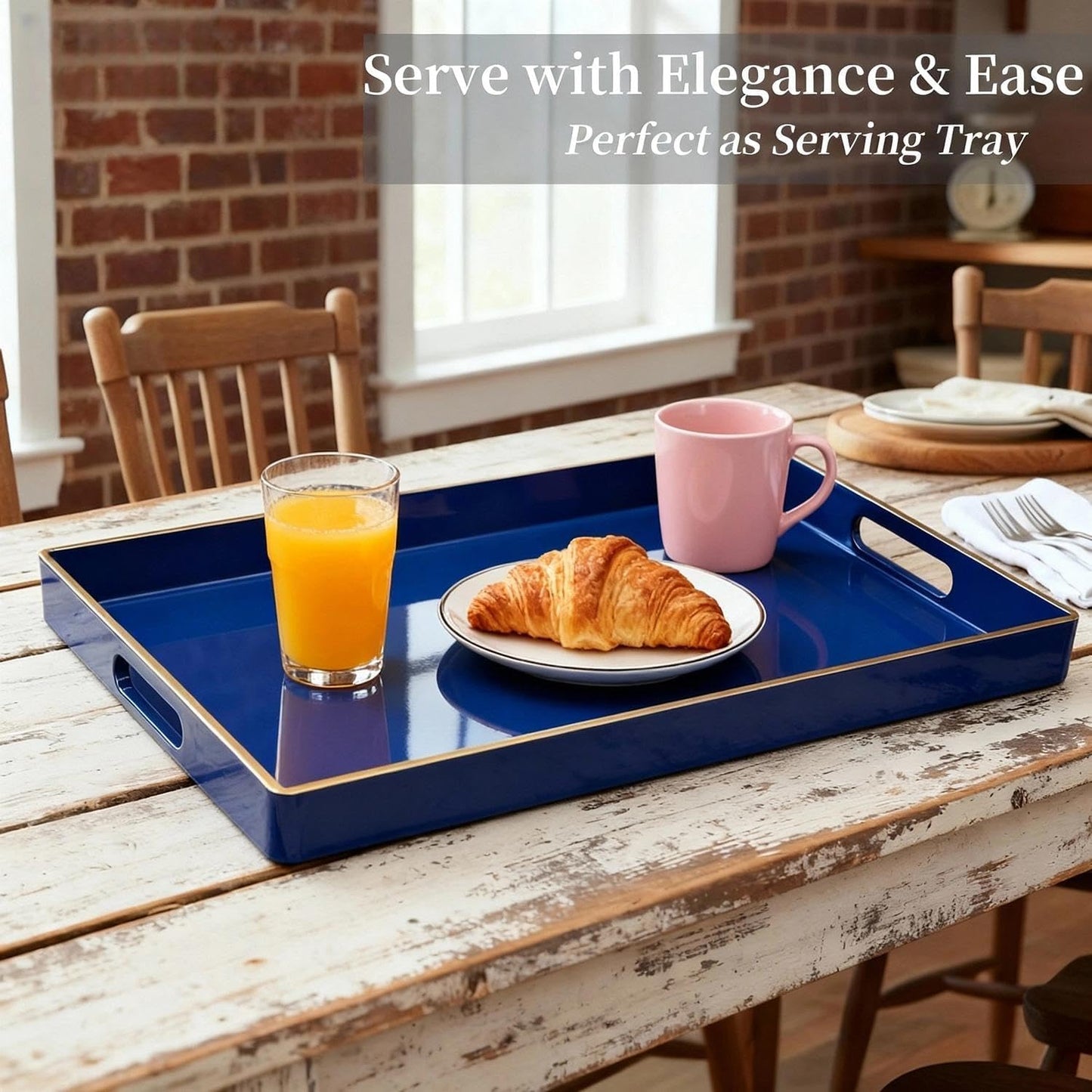 Zosenley Decorative Tray, Rectangular Plastic Tray with Handles, Modern Vanity Tray and Serving Tray for Bathroom, Kitchen, Ottoman and Coffee Table, 15.6” x 10.2” (Drak Blue)