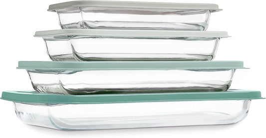 COOK WITH COLOR 8-Piece Deep Glass Baking Dish Set with Plastic Lids – Casserole and Food Storage Containers for Lasagna, Leftovers – Freezer-to-Oven, Microwave & Dishwasher Safe, Sage