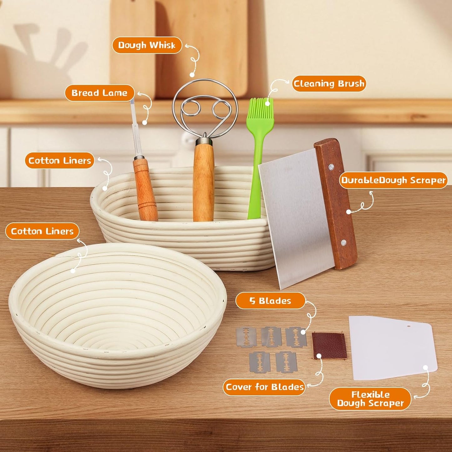 Banneton Bread Proofing Basket Banneton Basket Set Sourdough Proofing Basket Round Proofing Bowls Handmade Rattan Baskets and Liners (Round of 2 Gift Set)