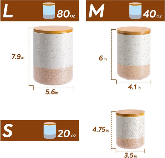 Yangbaga Canister Sets for Kitchen Counter, 80/40/20 OZ Large Ceramic Food Storage Jars with Airtight Wood Lids, Large Kitchen Canisters for Coffee, Sugar, Tea, Flour, Spice