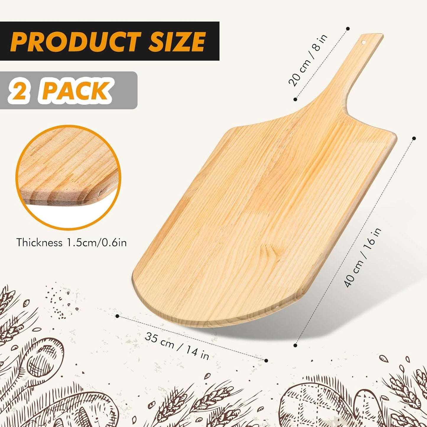 Bokon 2 Pack Wooden Pizza Peel, 16 x 14 Inch Large Pizza Paddle Set with 8 Inch Wooden Handle for Oven, Stone, Pan or Grill, Spatula for Baking Bread and Cake - Indoor & Outdoor