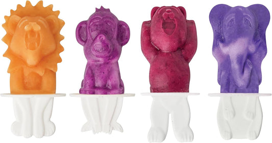 Tovolo Animal Popsicle Molds Zoo Crew Set of 4 Reusable Popsicle Molds with Sticks Bear Lion Monkey Elephant, BPA Free Silicone Pop Maker for Kids, Dishwasher Safe Animal Ice Molds for Frozen Treats