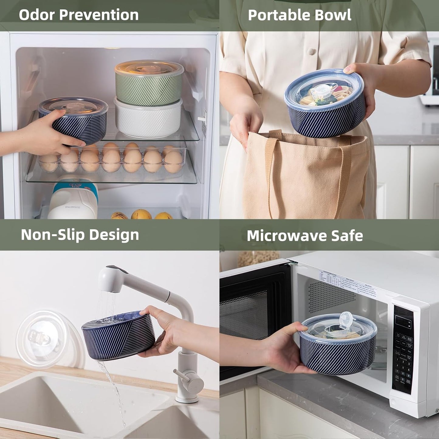 Large Ceramic Bowls with Lids: 32 oz Microwave Safe Food Storage Containers for Soup Salad Meal Prep Lunch Picnic Camping - 6 Inch, Set of 4 (Navy)