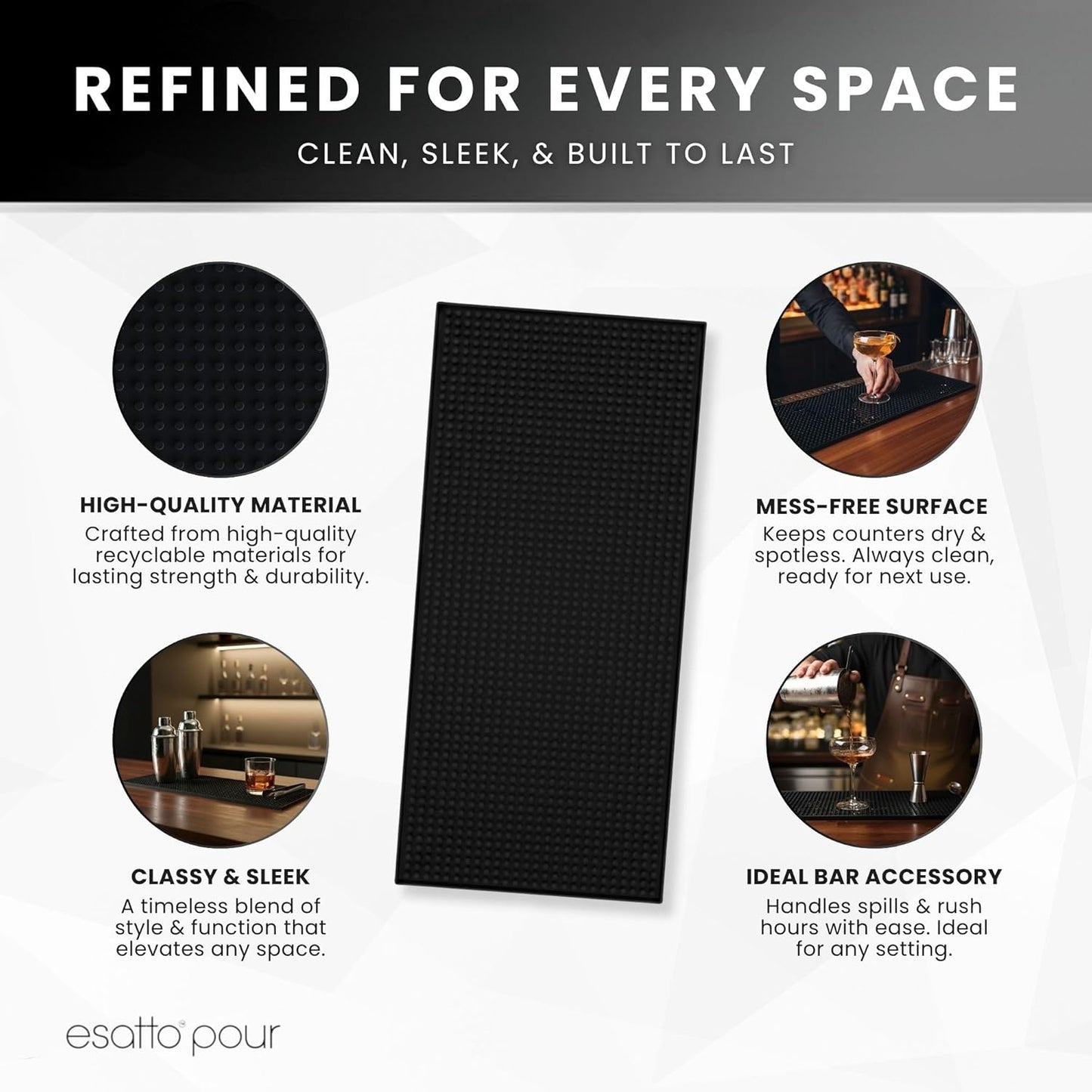 Essato 6x12 Inch Bar Mats for Countertop - Set of 4 Non-Slip Rubber Bar Mats for Bartending, Versatile Countertop Mats for Bars, Home, Coffee Shops, Kitchens - PVC Rubber Drying Bartender Barmat