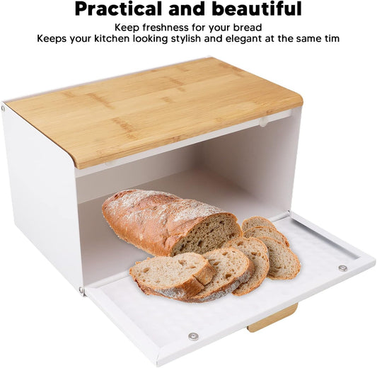 Asixxsix Bread Box with Wood Lid, Vintage Bread Storage Bread Bin Large Capacity Bread Box Modern Bread Keeper Holder Kitchen Counter Bread Storage Container for Homemade Bread, Bagel (White)