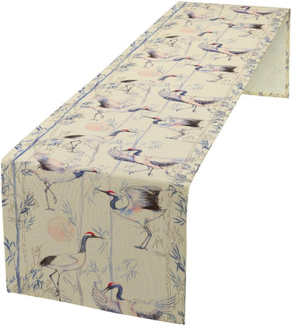 Japan Chinese Red-Crowned Crane Table Runner, Bamboo Ink Painting Animals Traditional Art Culture Table Runner for Holiday Home Living Room New Year Japanese Party Oriental, 13x70 Inch