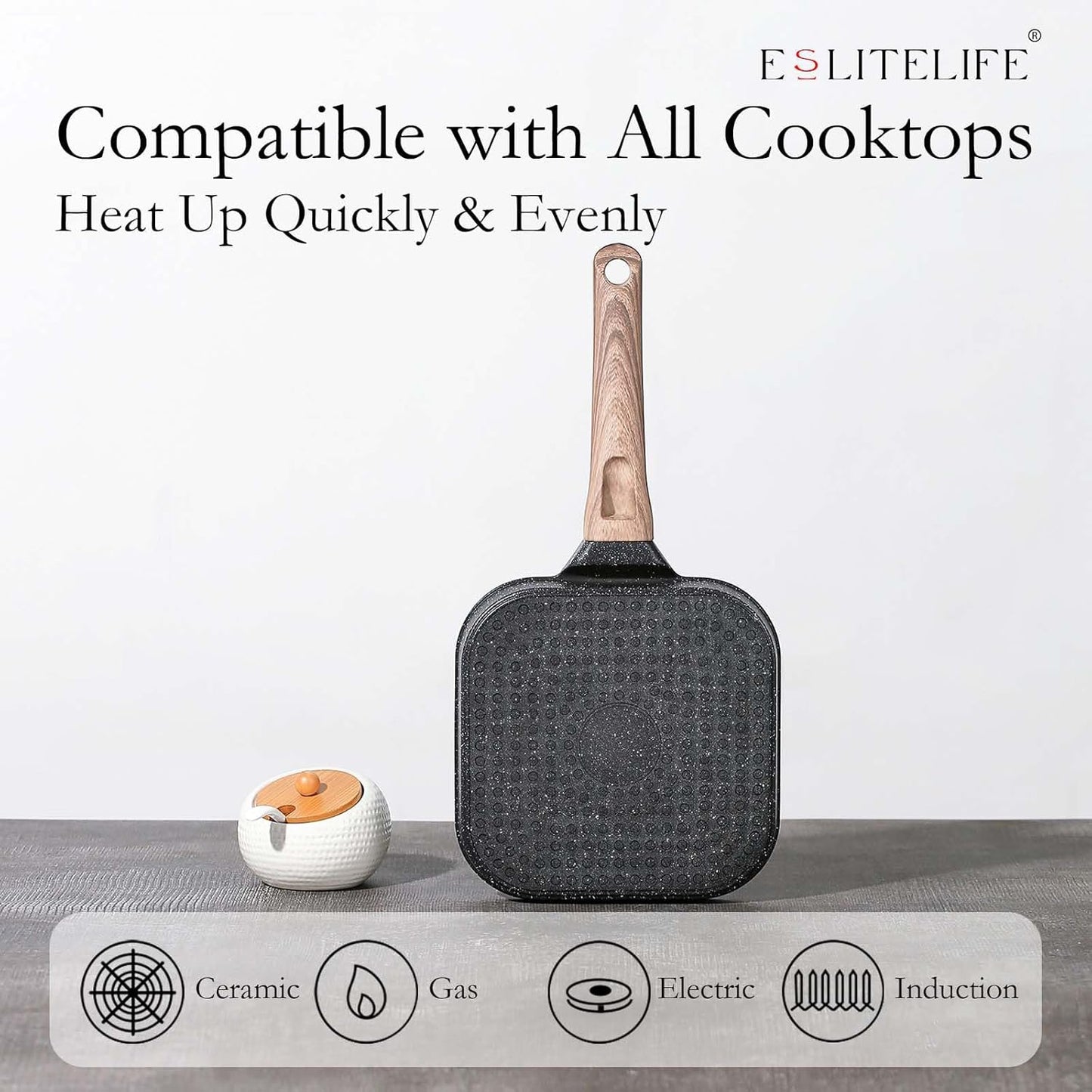 ESLITE LIFE 7 Inch Nonstick Small Grill Pan for Indoor Cooking, Versatile Induction Square Grilling Skillet Steak Pan for Stove Tops, PTFE & PFOA Free, Black