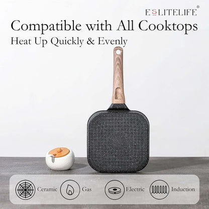 ESLITE LIFE 7 Inch Nonstick Small Grill Pan for Indoor Cooking, Versatile Induction Square Grilling Skillet Steak Pan for Stove Tops, PTFE & PFOA Free, Black