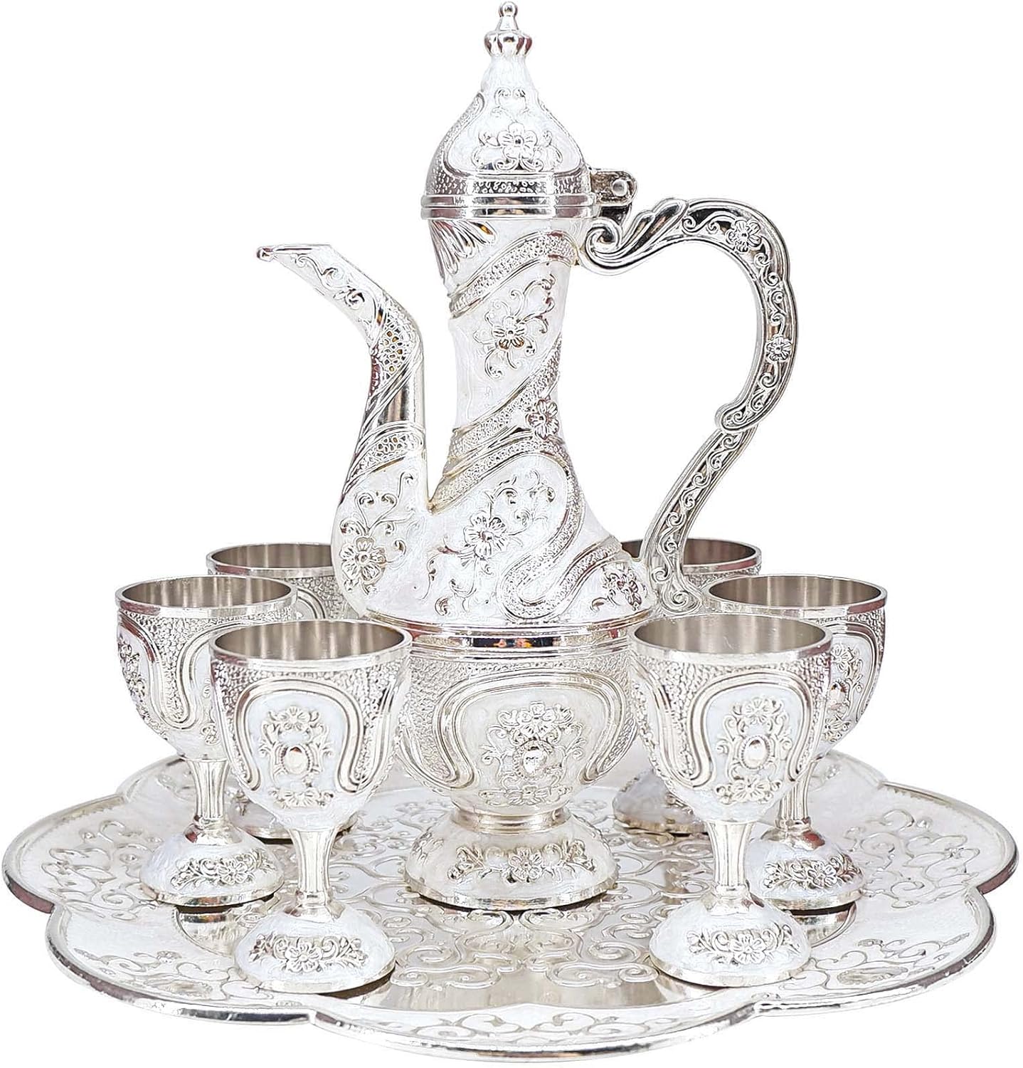 Vintage Turkish Coffee Pot and Cups Set,Tea Service Set Including Teapot,Tea Tray and Metal Cups for Wine Cabinet Decor,Wedding Ornaments (Silver and White)
