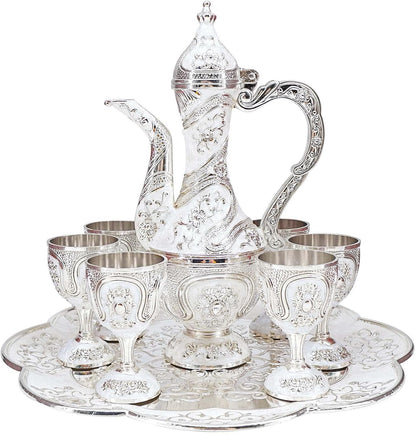 Vintage Turkish Coffee Pot and Cups Set,Tea Service Set Including Teapot,Tea Tray and Metal Cups for Wine Cabinet Decor,Wedding Ornaments (Silver and White)