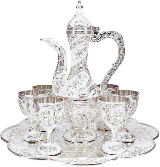 Vintage Turkish Coffee Pot and Cups Set,Tea Service Set Including Teapot,Tea Tray and Metal Cups for Wine Cabinet Decor,Wedding Ornaments (Silver and White)
