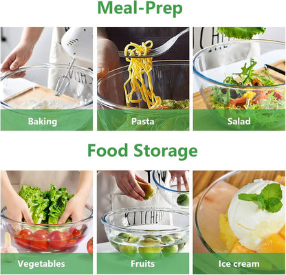 WhiteRhino Glass Mixing Bowl with Lids Set of 4,(1,1.5,2.5,3.7) Large Salad Bowl,Space-Saving Stacking Bowl for Kitchen Food Storage,Glass bowl for Cooking,Baking