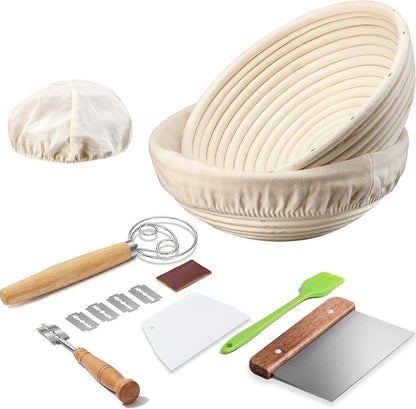 Banneton Bread Proofing Basket Banneton Basket Set Sourdough Proofing Basket Round Proofing Bowls Handmade Rattan Baskets and Liners (2 Round 9 inch Baking Set)