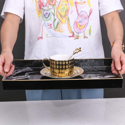 Zosenley Decorative Tray, Marbling Plastic Tray with Handles, Rectangular Vanity Tray and Serving Tray for Bathroom, Kitchen, Ottoman and Coffee Table, 15.6” x 10.2”, Black