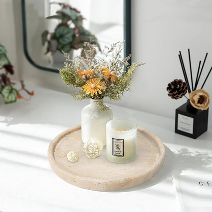 Travertine Tray, Small Ceramic Vanity Tray for Bathroom Counter Decor, Round Marble Decorative Trays for Coffee Table (Beige, Medium Size)