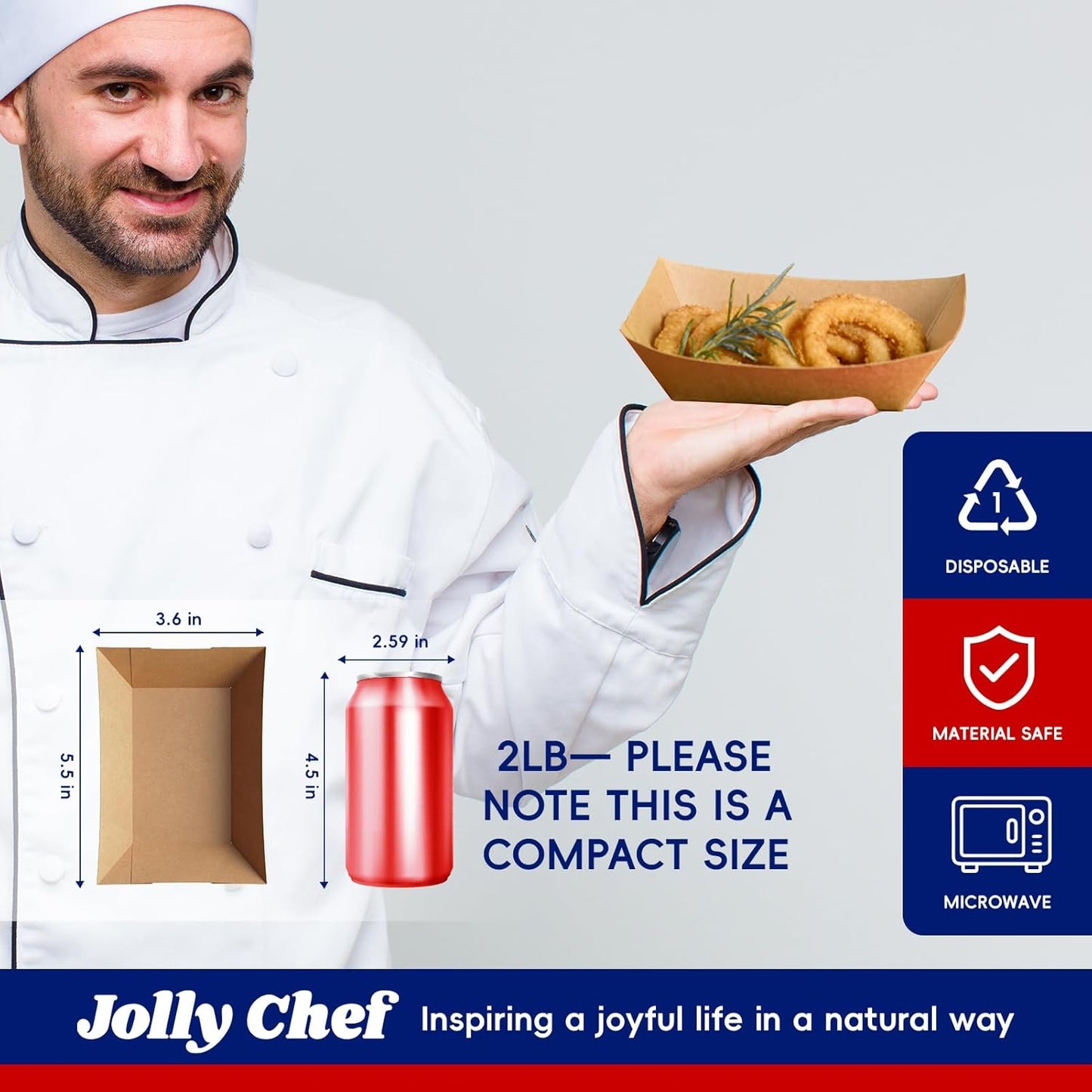 JOLLY CHEF 2lb Paper Food Trays, 100 Pack Disposable Paper Boat, Serving Boats, Food Holder Trays for Snacks French Fries Nachos Hot Dog Tacos BBQ Party