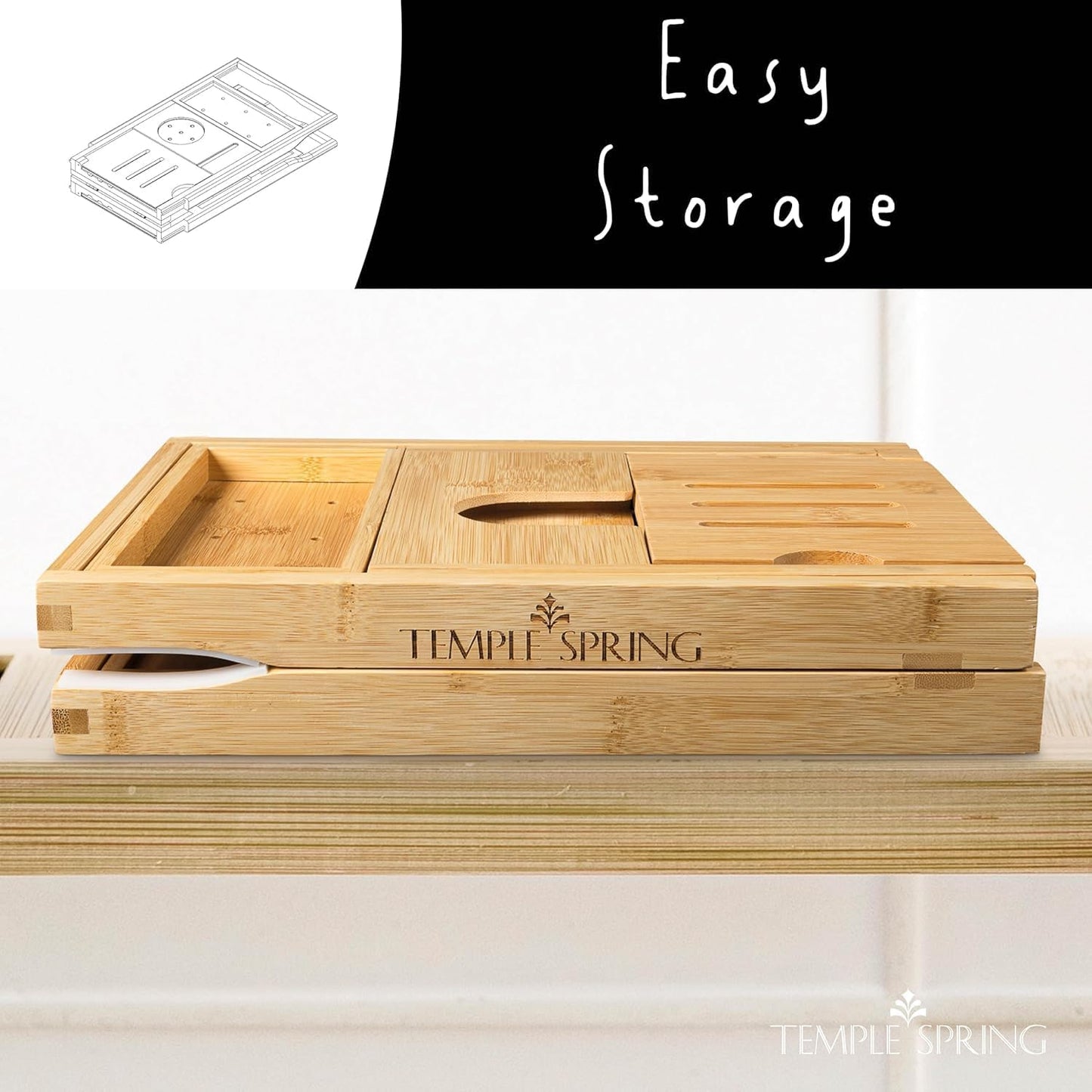 Temple Spring Foldable Bathtub Tray, Unique Design Selfcare Bathroom Caddy, Bamboo Spa Bathroom Tray, Wooden Bathtub Accessories, Wedding Gift/Birthday Gift/New Home Bath Table