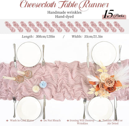 15 Packs Cheesecloth Table Runner Dusty Pink,10 Ft Rustic Gauze Boho Wedding Table Runner Decoration, Wedding Table Decor Table Cloth for Wedding Party Bridal Shower Table,21.5x120in