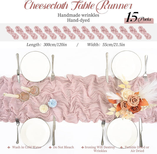 15 Packs Cheesecloth Table Runner Dusty Pink,10 Ft Rustic Gauze Boho Wedding Table Runner Decoration, Wedding Table Decor Table Cloth for Wedding Party Bridal Shower Table,21.5x120in