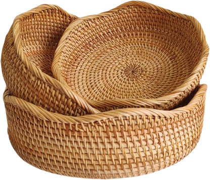Rattan Bread Basket, Hand Woven Fruit Basket, Wicker Serving Basket Bowl, Decorative Baskets for Kitchen Counter Organizing, Set of 3 (Wave)
