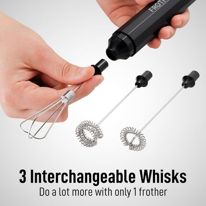 Zulay Froth N Go Milk Frother – Rechargeable 3-in-1 Handheld Frother Wand with Travel Case & USB-C Charger – Single, Double & Egg Whisk for Latte, Cappuccino, Matcha, Protein Shakes – Black