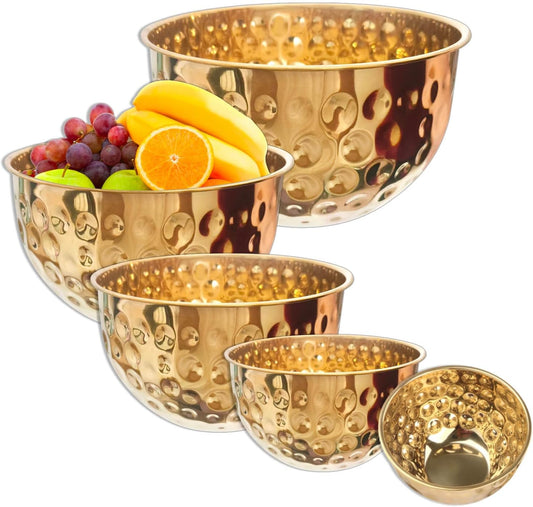 5-Piece Stainless Steel Mixing Bowls Set, Metal Hammered Gold Bowls for Kitchen, Cooking, Baking, Salad Prep, Food Storage, Reusable Nesting Design, 1.6-4.9 QT Capacity, Dishwasher Safe
