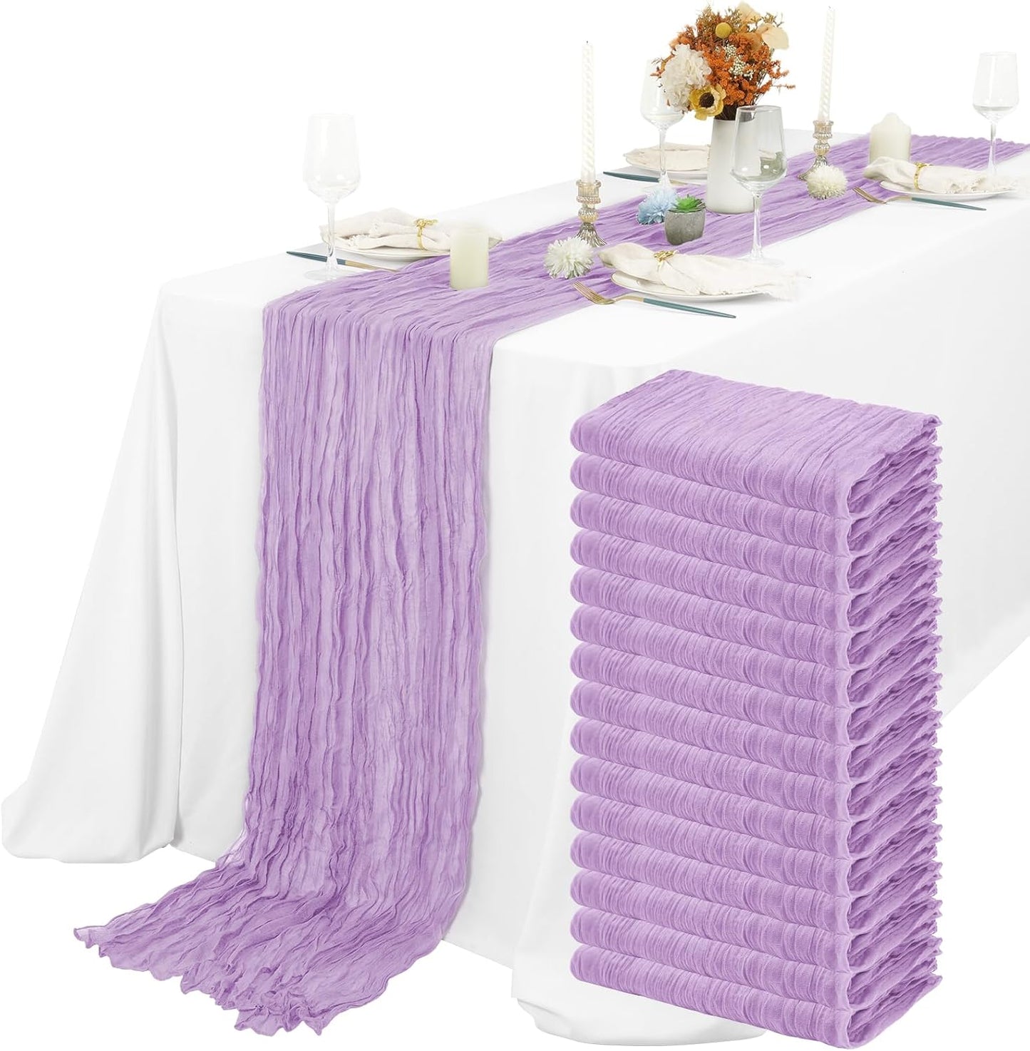 15 Packs Cheesecloth Table Runner Lilac,10 Ft Rustic Gauze Boho Wedding Table Runner Decoration, Wedding Table Decor Table Cloth for Wedding Party Bridal Shower Table,21.5x120in