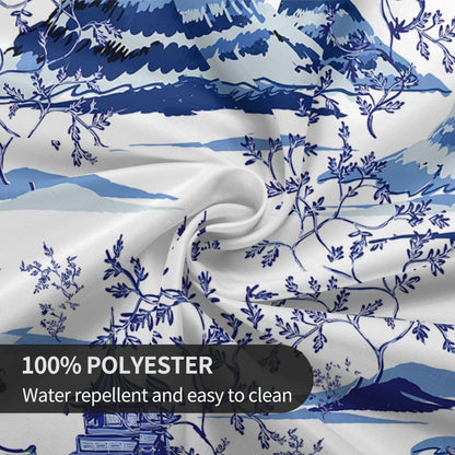 Japanese Tablecloth, Blue Traditional Vintage Landscape Oriental Temple Chinoiserie Water Resisitant Wipeable Table Cover for Dining Kitchen Living Room Home Party Holiday Decor 60 inch Round