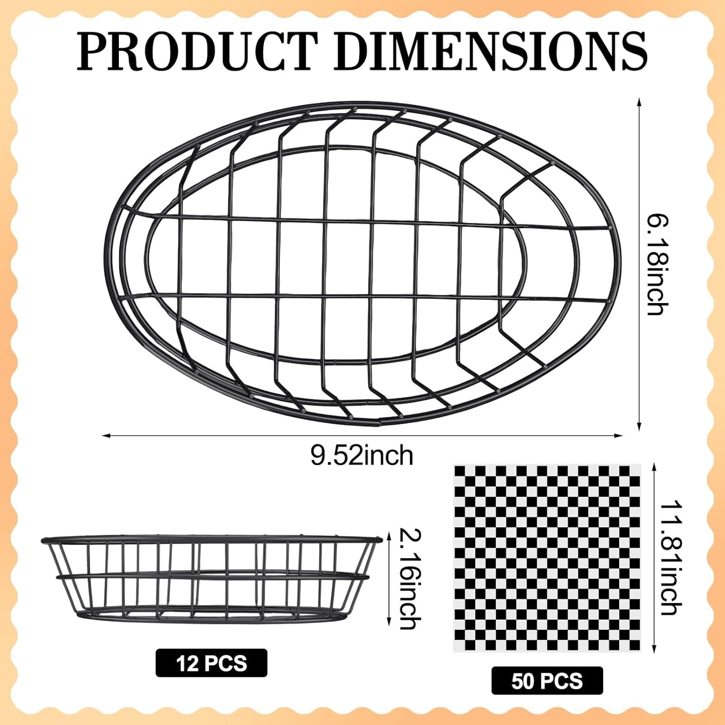 Hushee 12 Pcs Wire Bread Basket Bulk 9.5x6.2x2.2 Inch Oval Metal Dinner Roll Baskets for table Serving Fruit Bowl with 50 Checked Deli Paper Liners for Restaurant Kitchen Fast Food