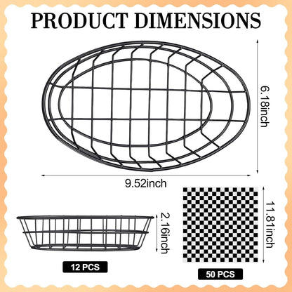 Hushee 12 Pcs Wire Bread Basket Bulk 9.5x6.2x2.2 Inch Oval Metal Dinner Roll Baskets for table Serving Fruit Bowl with 50 Checked Deli Paper Liners for Restaurant Kitchen Fast Food