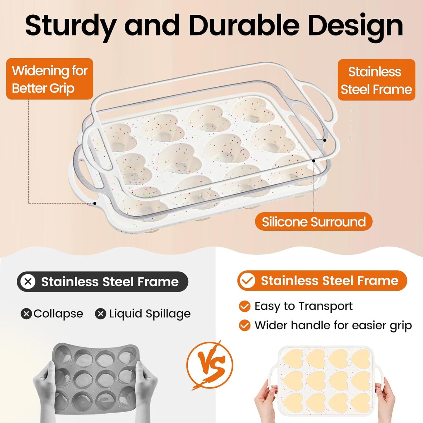 Premium Silicone Heart-Shaped Baking Mold with Metal Reinforced Frame – 2 Pack Non-Stick Cupcake & Muffin Pan for Baking Chocolate, Egg Bites & Brownies – BPA Free, Dishwasher & Oven Safe
