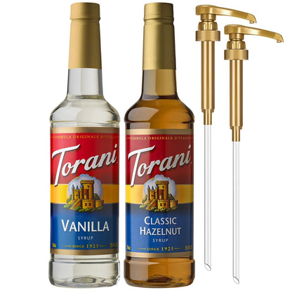 Torani Syrups, Classic Hazelnut and Vanilla Syrup Variety 2-Pack, Coffee Syrups for Drinks, Pumps Included, 25.4 Fl Oz Ea