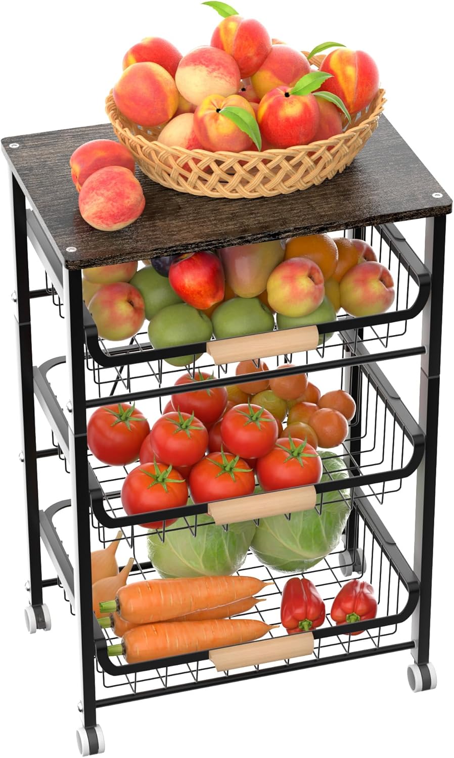 4-Tier Fruit Basket, Pull-Out Kitchen Storage Cart with Wooden Tabletop and Mesh Baskets, Mobile Kitchen Organizer Cart with Wheels, Pantry for Fruit/Potato/Onion/Vegetable/Snack