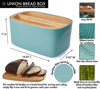 Sonder Los Angeles, Modern Bamboo Fiber and Recycled Plastic Bread Box (Blue Green) for Kitchen Countertop with Reversible Bread Board Wood Lid 14.25 x 9.25 x 7 in