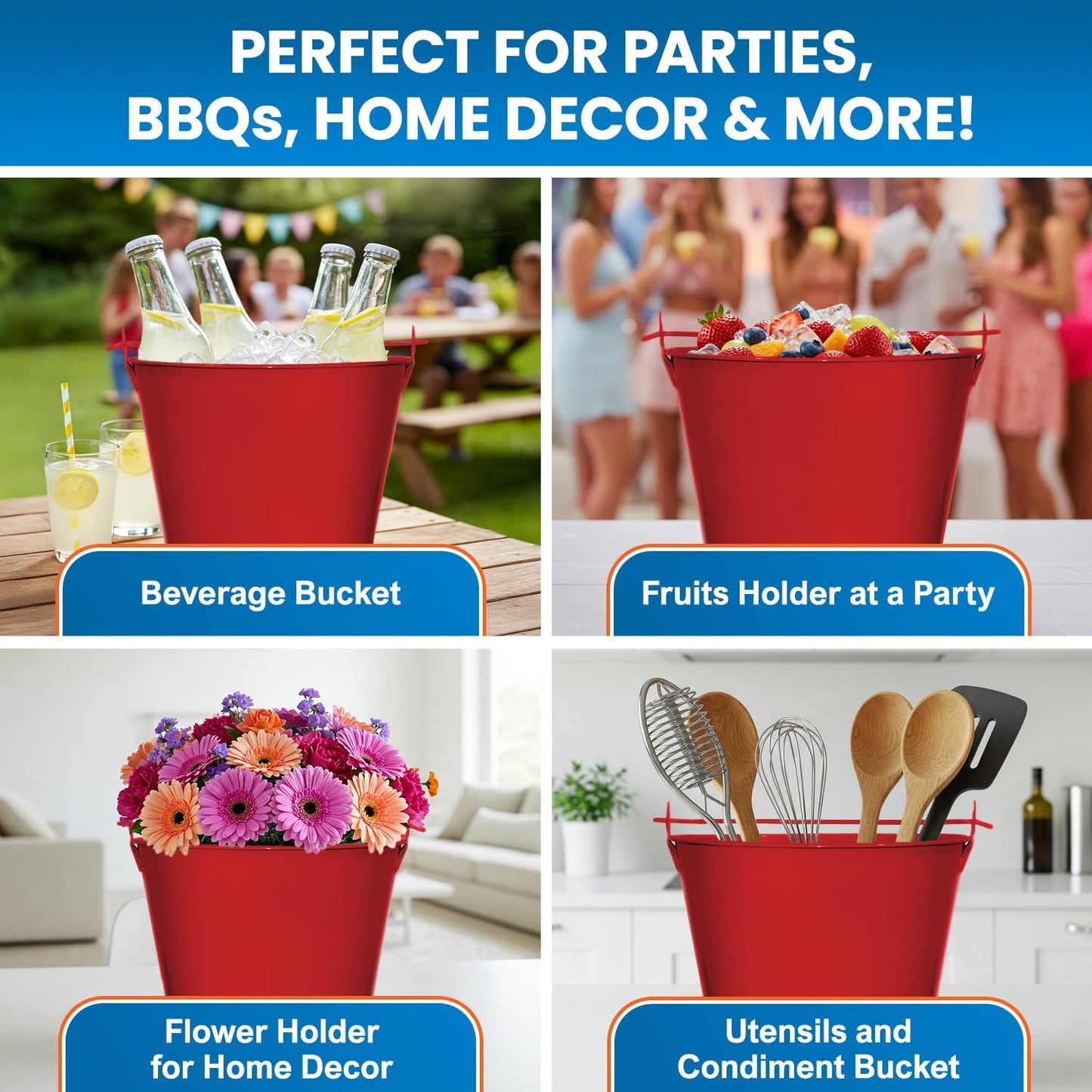 PLEXON Galvanized Metal Ice Bucket for Parties Coctail Bar Restaurant - Drink Beer Champagne Bucket with Handle, Beverage Chiller Cooler Small 1.3 Gallon, Red