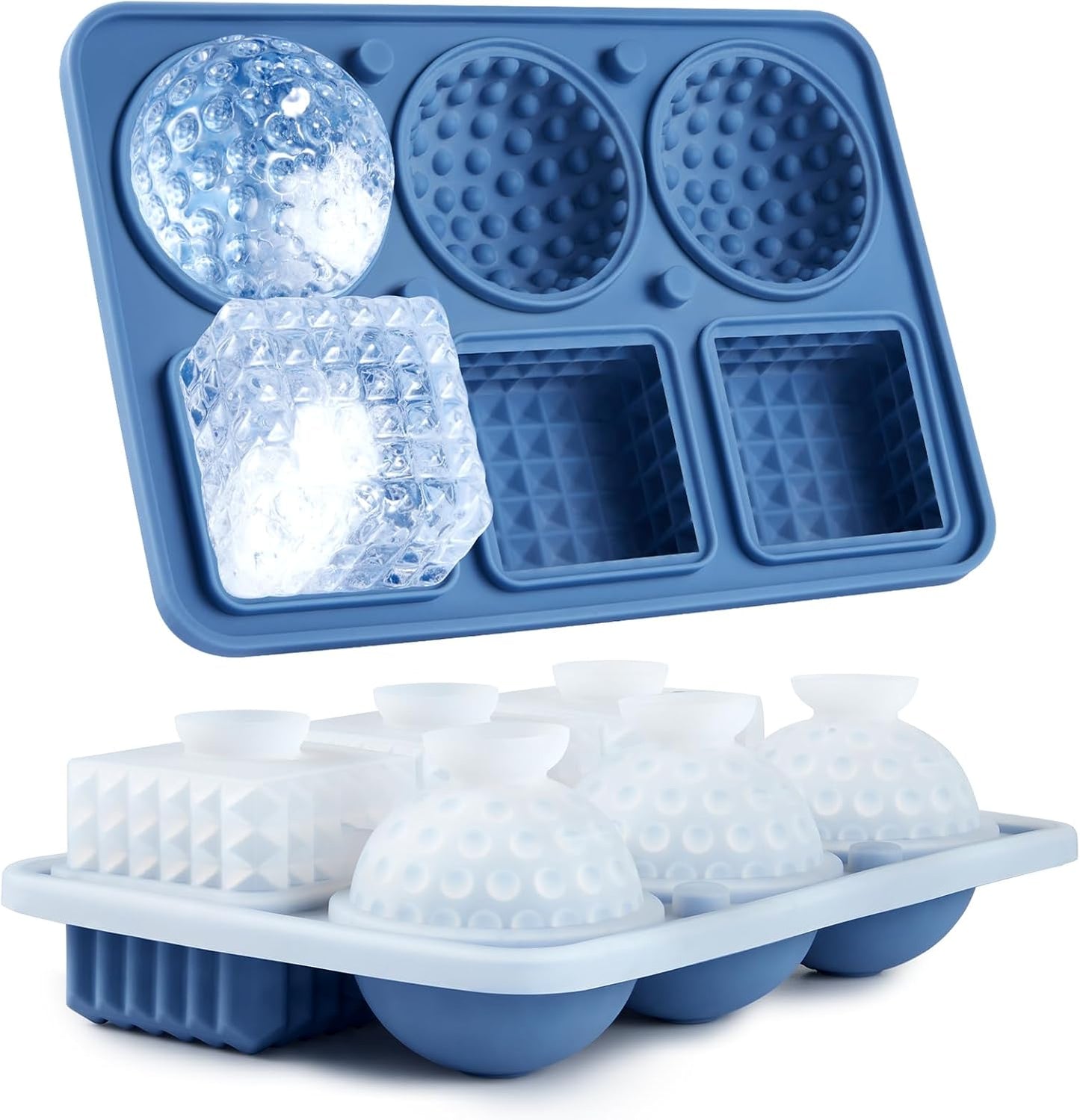 Acomler Large Silicone Ice Cube Tray, 3 Big Crystal Cubes & 3 Sphere Golf Ice Tray, BPA Free Ball Ice Molds, Ice Cube Mold with Funnel for Whiskey, Cocktails, 6 Holes Fun Shape Ice Maker Mold (Blue)