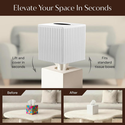 Monarch Abode Tissue Box Cover Square – Handcrafted Ridge Embossed White Metal Tissue Holder Box for Bathroom Accessory, Aesthetic Decorative Facial Napkin Cube for Modern Home Decor