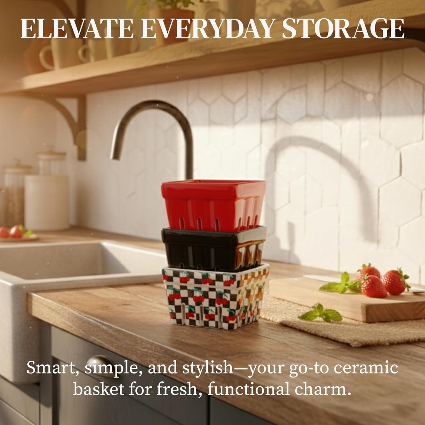 BIEN BEAU Ceramic Berry Basket -Checkered black and White with red Cherries pattern-Colander -Modern Kitchen Decor Fruit Bowls - Checkerboard Fruit Baskets, Farmer's Market Harvest Bowls Set of 4