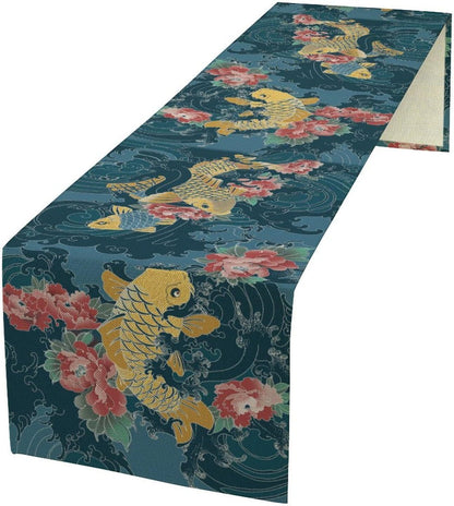 Asian Jio Fish Table Runner, Chinese Style Floral Oriental Table Runner for Holiday Party Kitchen Study Living Room Home Bedroom Blue Wave 13x70 Inch