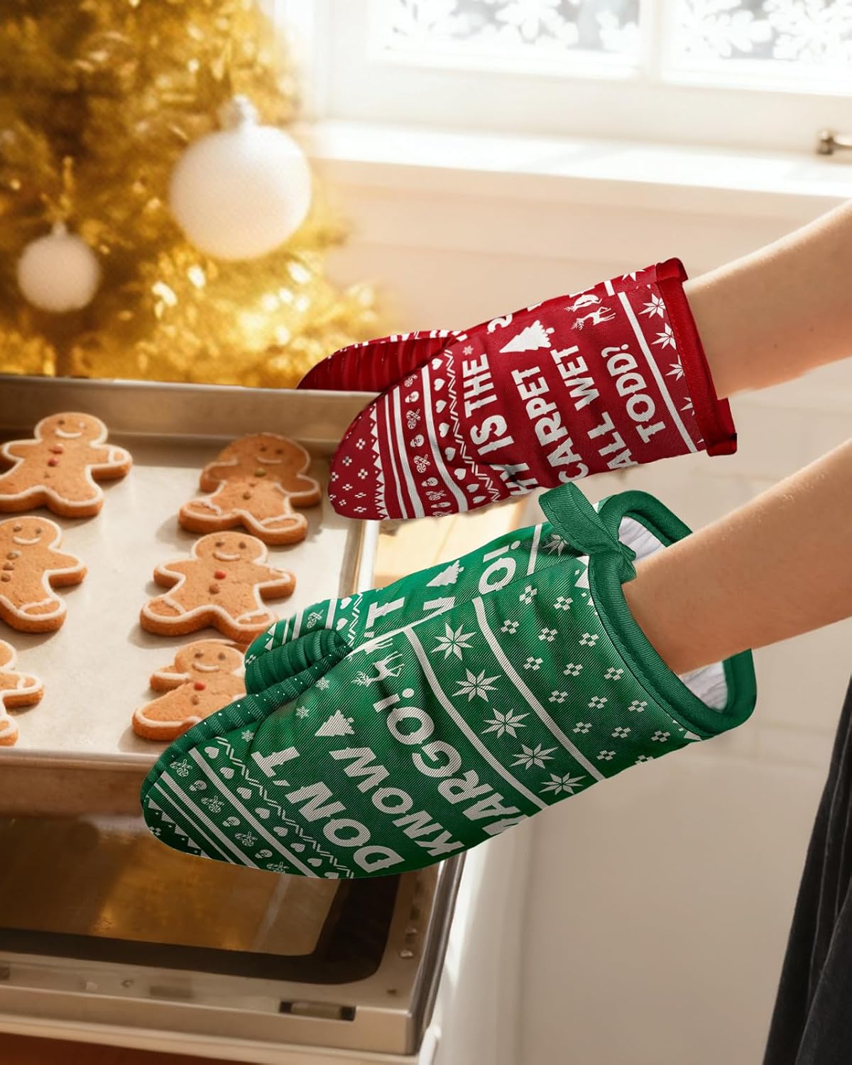 Slohif Mini Christmas Funny Oven Mitts Set – Extended Short Heat Resistant Kitchen Gloves for Women, 100% Cotton Oven Mitts with Silicone Grips, Non-Slip and Thick Durable for Cooking & Baking