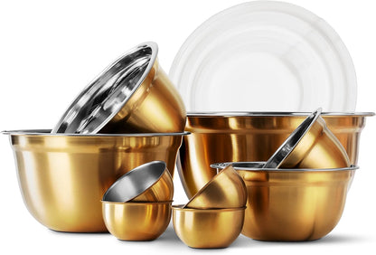 COOK WITH COLOR 18 Piece Mixing Bowls Set with Airtight Lids, Stainless Steel Bowl Organizers, Food Storage Containers, Meal Prep, Nesting Salad Bowls For Cooking, Baking, Kitchen Use, Gold